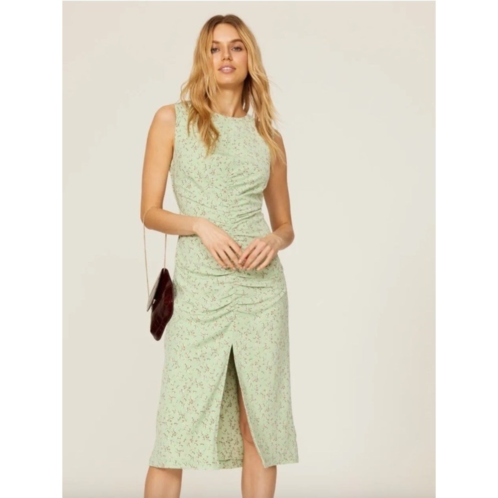 Love Whit Ruched Floral Midi Dress Sz M Sage Back Cut Out Slit Sleeveless READ